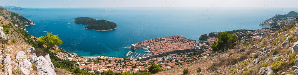 Dubrovnik Old Town and the Lokrum island on the Adriatic Sea in Croatia, aerial view, Panorama