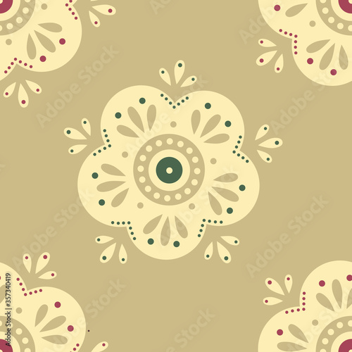 beige flower ornament on green background seamless pattern
