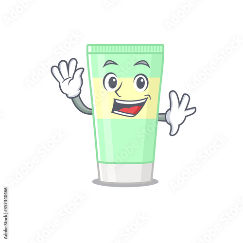 A charming cleansing foam mascot design style smiling and waving hand