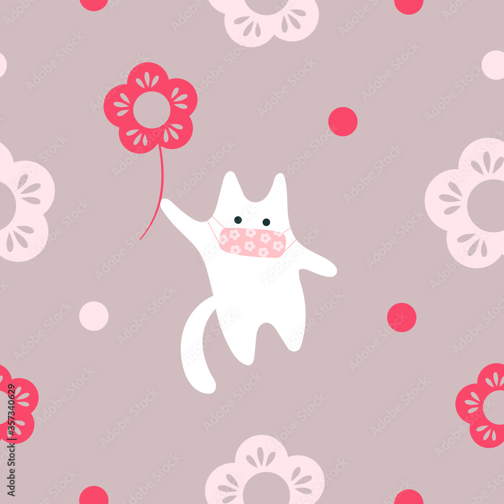 white cat in medicine mask with red flower on lilac background seamless pattern