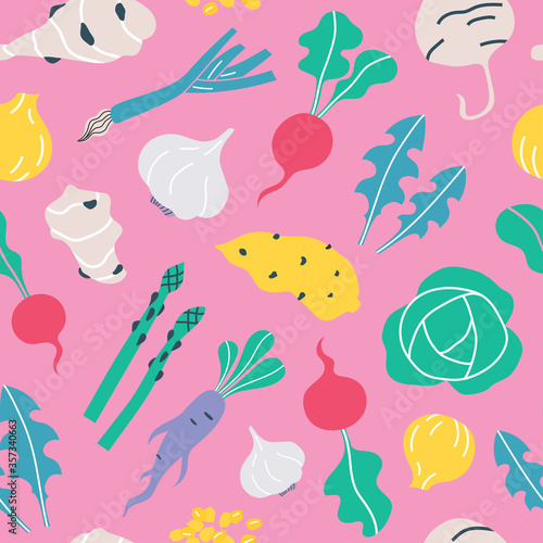 Colorful hand drawn prebiotic garden vegetables seamless pattern background