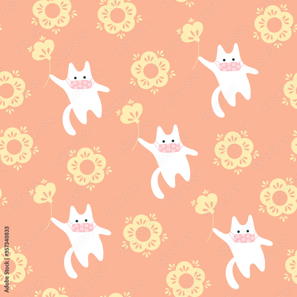 white cat in pink  mask with beige flower on pink background seamless pattern
