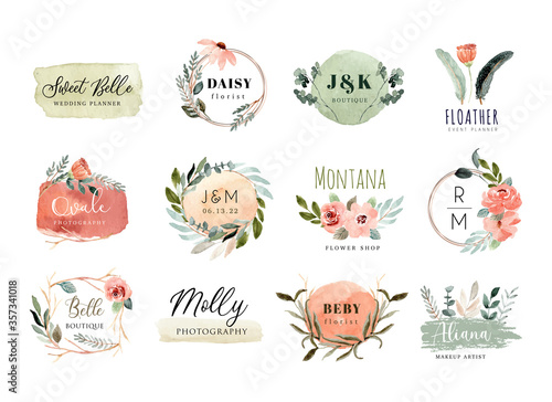 premade logo with peach green floral and brush stroke watercolor collection