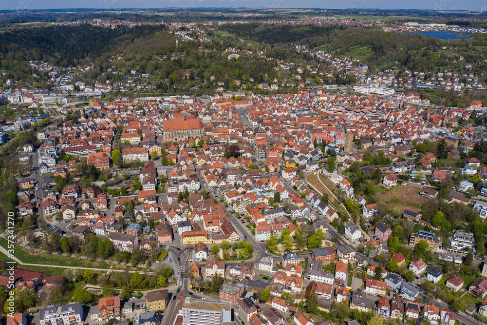 Aerial view of the city Schwäbisch Gmünd in Germany on a sunny spring day during the coronavirus lockdown.
