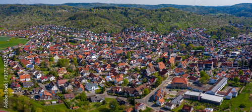 Aerial view of the city Urbach in Germany on a sunny spring day during the coronavirus lockdown.
 photo