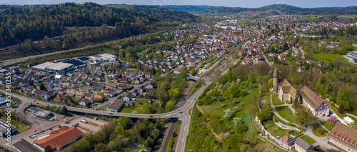 Aerial view of the city and monastery Lorch in Germany on a sunny spring day during the coronavirus lockdown. 