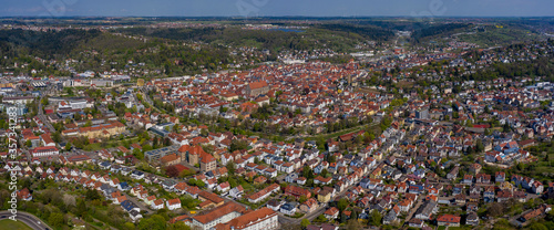 Aerial view of the city Schwäbisch Gmünd in Germany on a sunny spring day during the coronavirus lockdown. 