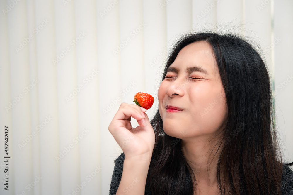 Woman eat strawberry red berry fruit sweet juicy Woman eat strawberry red berry fruit sweet juicy