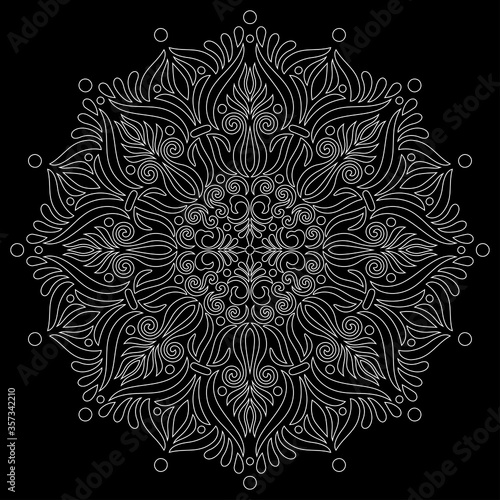 White outline mandala on a black doodles sketch
