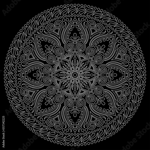 White outline mandala on a black doodles sketch