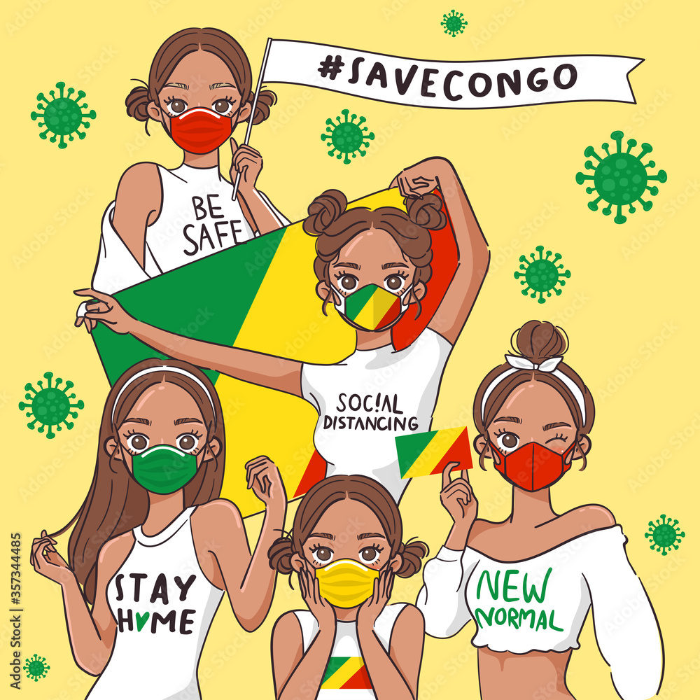 Vector Illustration for Campaign on Covid-19 Prevention : Set of pretty girls wearing medical mask and holding national flag 