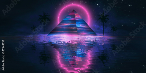 Fototapeta Naklejka Na Ścianę i Meble -  Futuristic abstract night neon background. Light pyramid in the center. Night view of the pyramid illumination. Neon lights Reflection of water rays.