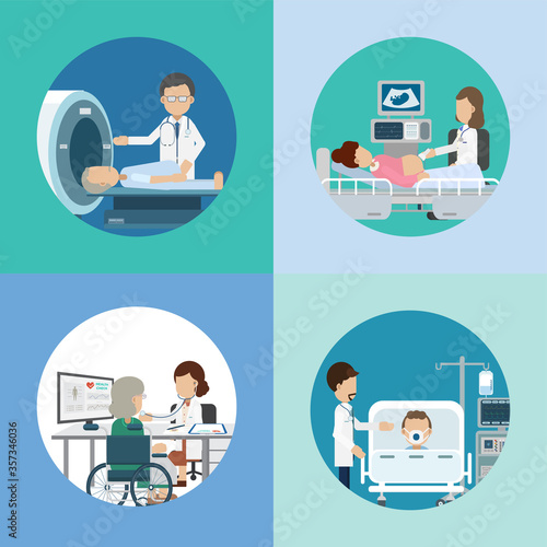 Medical service concept with doctors and patients flat design vector illustration