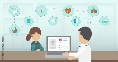Health check concept with doctor and icons flat design vector illustration