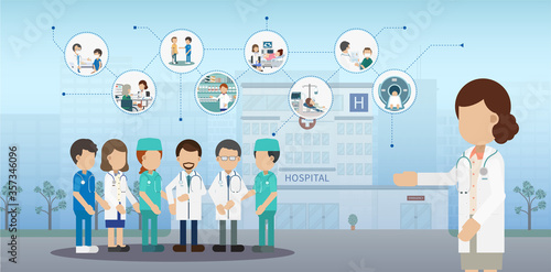Medical service concept with doctor and patients flat design vector illustration