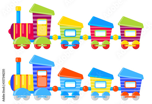 Cartoon color children's train with wagons. Set of two colored children's trains. Vector illustration.