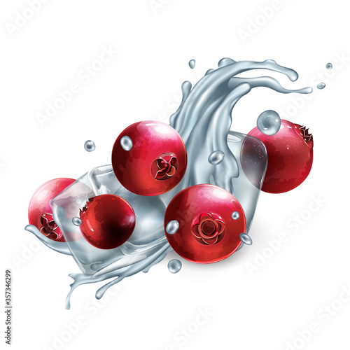 Dynamic water splash with cranberries and ice cubes
