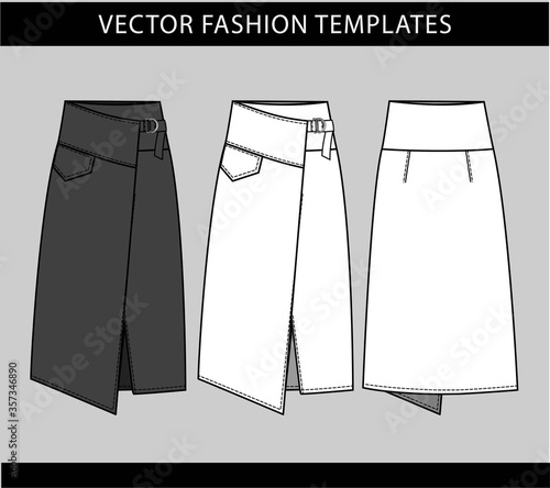 SKIRT fashion flat sketch template, midi skirt front and back