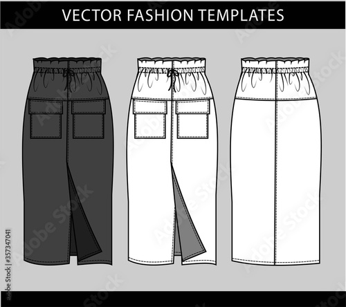 SKIRT fashion flat sketch template, midi skirt front and back