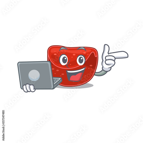 Smart cartoon character of meatloaf studying at home with a laptop
