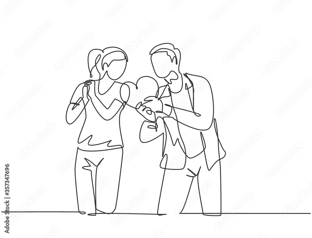 One single line drawing of young happy man propose pretty woman with heart shape gift at outside park. Romantic marriage propose concept continuous line draw graphic design vector illustration One single line drawing of young happy man propose pretty woman with heart shape gift at outside park. Romantic marriage propose concept continuous line draw graphic design vector illustration
