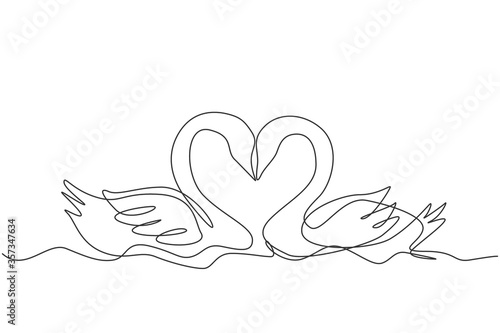 One continuous line drawing of cute swans couple swimming on the lake and their heads formed romantic heart shape. Romantic animal love concept single line graphic draw design vector illustration