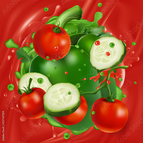 Tomatoes, cucumber and pepper on a background of vegetable juice