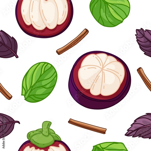 Seamless design fruit pattern. Wallpaper with organic food. Backdrop for textile design with magosteen, spinach and cinnamon. Background with nature fresh fruit. Cover vegetarian nutrition. Vector photo