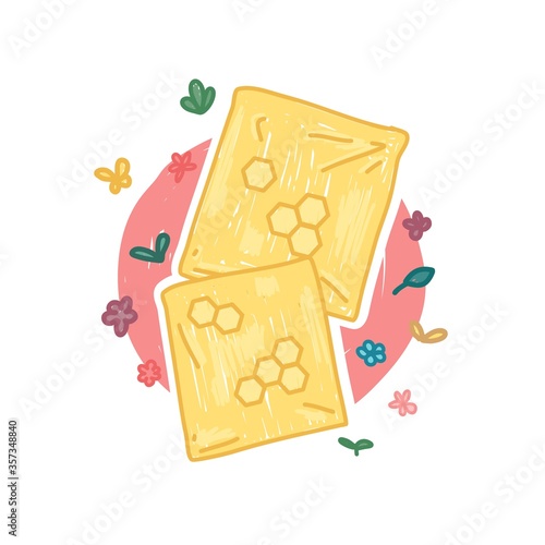 Reusable beeswax wrap for food icon in cartoon doodle style. Zero waste life concept. Hand drawn design zero waste kitchen element with nature organic flower decoration. No plastic style. Vector