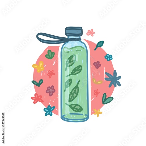 Reusable glass bottle for water icon in cartoon doodle style. Zero waste life concept. Hand drawn design to-go bottle with nature organic flower decoration. No plastic style. Vector