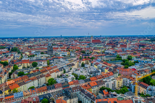 Fantastic view over Munich with its popular bulb tower of the Frauenkirche. Morning cityscape of the wonderful german city.