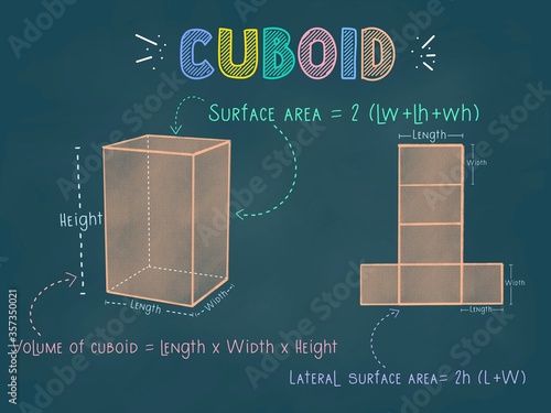 Cuboid or Rectangular Prism colorful pastel chalks drawing on a blackboard with 3d shape, nets, surface area and volume formula for teaching and learning activity 