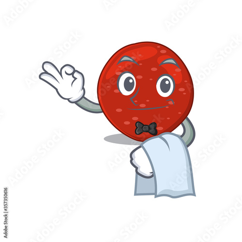 A cartoon picture of peperoni waiter with a white napkin