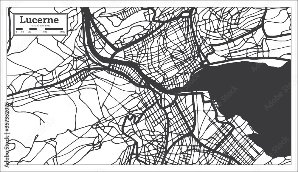 Lucerne Switzerland City Map in Black and White Color in Retro Style.