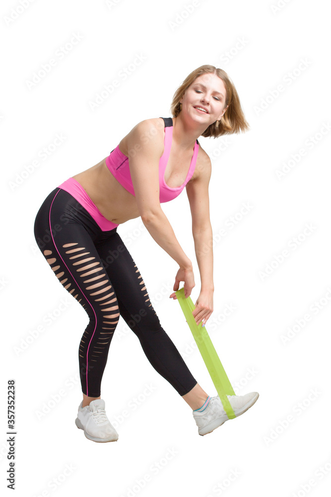 Young Fitness woman in training dress. Isolate white background.