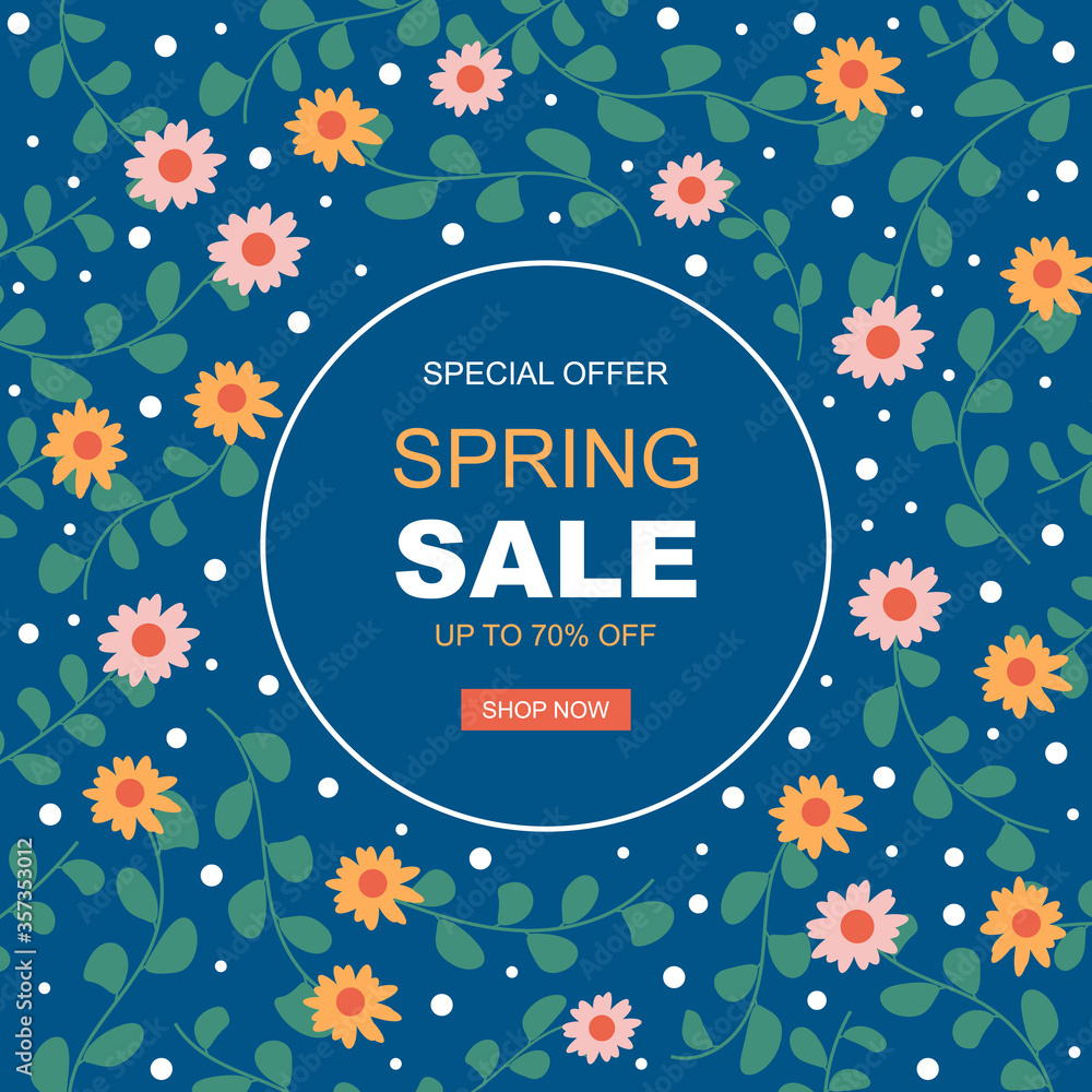 Fototapeta premium Flat design spring sale with ditsy colourful flowers. - Vector.