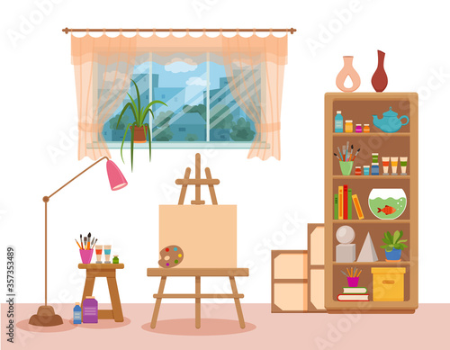 Art studio interior colorful vector illustration.