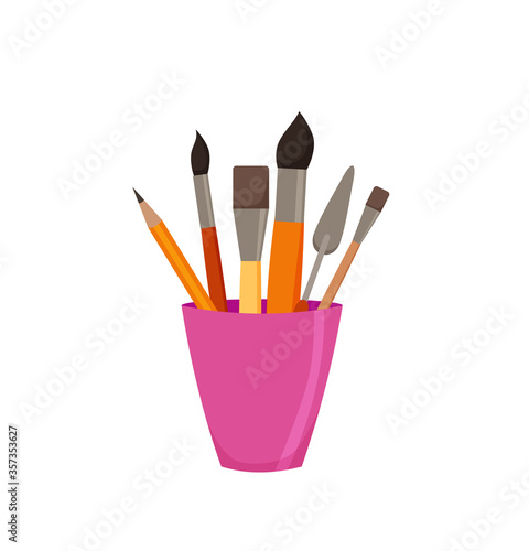 Pencils, brushes, in jar colorful vector illustration