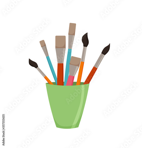 Pencils, brushes, in jar colorful vector illustration