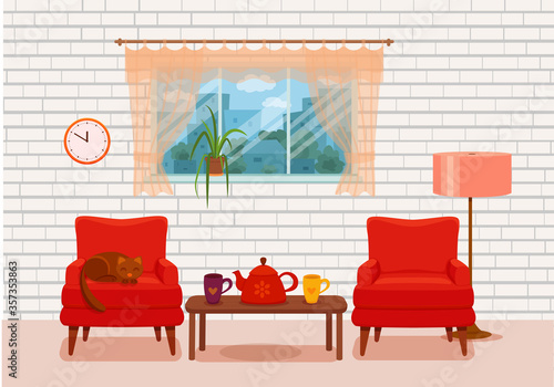 Colorful vector cozy interior warm bright winter illustratio