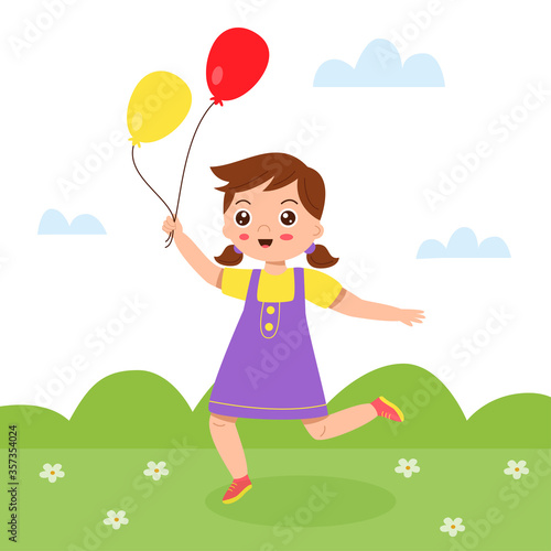 Cute cartoon girl with colorful balloons. Summer.