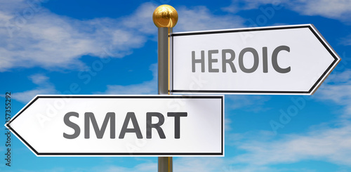 Принти на полотні Smart and heroic as different choices in life - pictured as words Smart, heroic on road signs pointing at opposite ways to show that these are alternative options