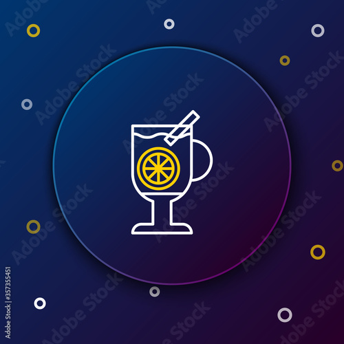Line Mulled wine with glass of drink and ingredients icon isolated on blue background. Cinnamon stick, clove, lemon slice. Colorful outline concept. Vector