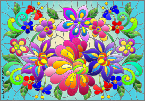 Illustration in stained glass style with bright abstract flowers and leaves on blue background