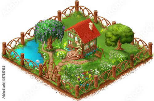 Secluded country house and blooming garden. Beautiful nature landscape cottage, trees, flowers and pond