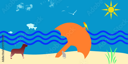 Animals enjoying life on the beach without humans being,3d illustration concept of Pets lives happy outside and humain inside their house, Dog, Cat, Birds on the sea in a happy sunny day in summer