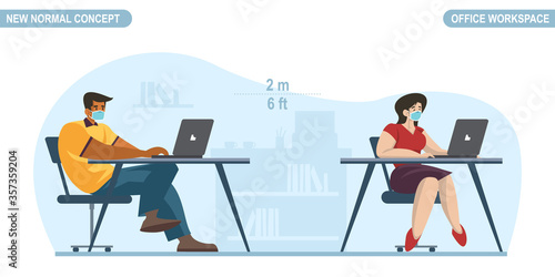 New normal concept. Social distancing at Office room. People Office worker man and women wearing medical face mask. Keep distance prevent pandemic of corona virus or COVID-19. Vector illustration