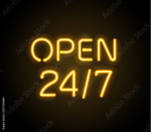 Neon sign Open 24 7 light vector background.