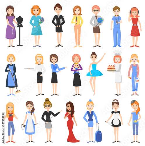 Women are representatives of various professions. A set of characters isolated on a white background. Cartoon style  flat design. Vector illustration.