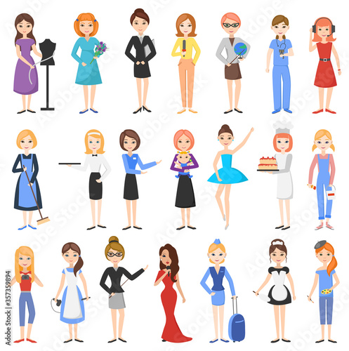 Women are representatives of various professions. A set of characters isolated on a white background. Cartoon style, flat design. Vector illustration.
